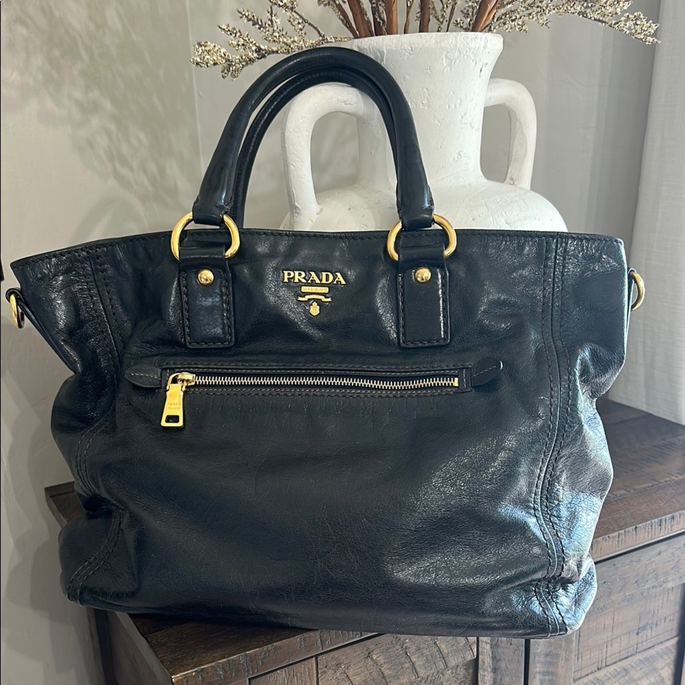 Prada Black Leather Tote with Gold Hardware Accents - Picture 3 of 17